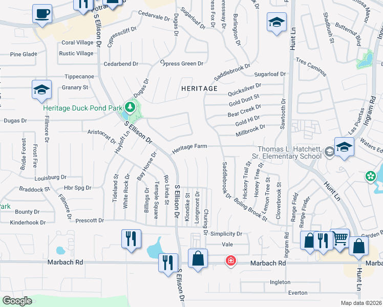 map of restaurants, bars, coffee shops, grocery stores, and more near 1106 Klondike Street in San Antonio