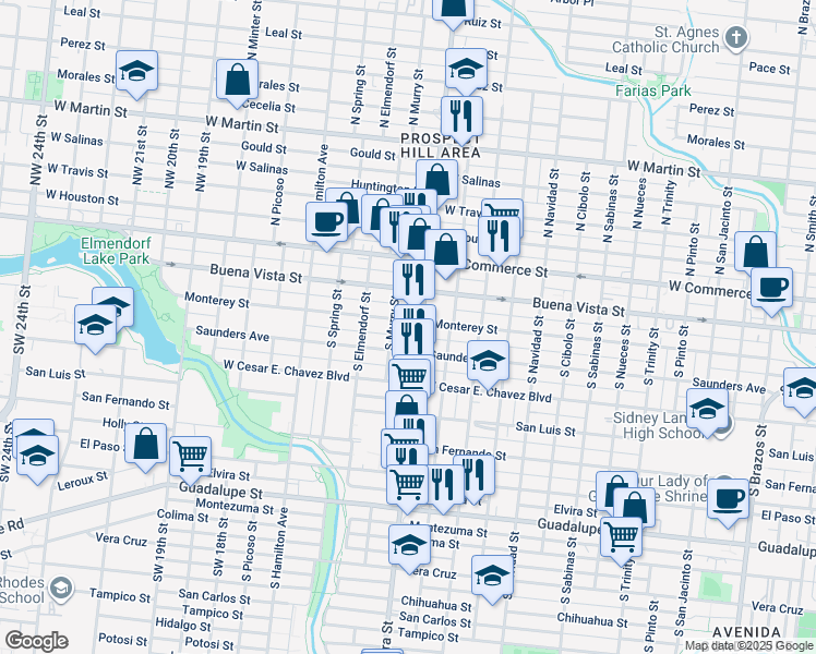 map of restaurants, bars, coffee shops, grocery stores, and more near 319 South Zarzamora Street in San Antonio