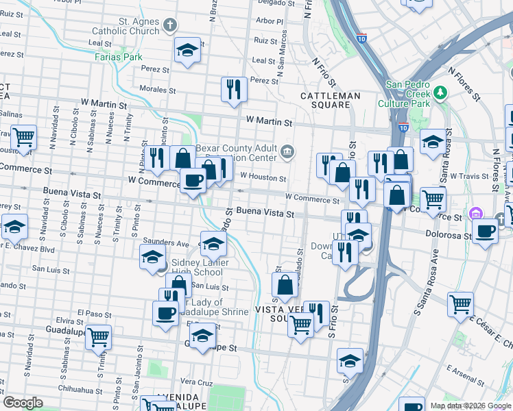 map of restaurants, bars, coffee shops, grocery stores, and more near 1019 Buena Vista Street in San Antonio