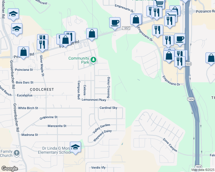 map of restaurants, bars, coffee shops, grocery stores, and more near 11603 Dense Star in San Antonio