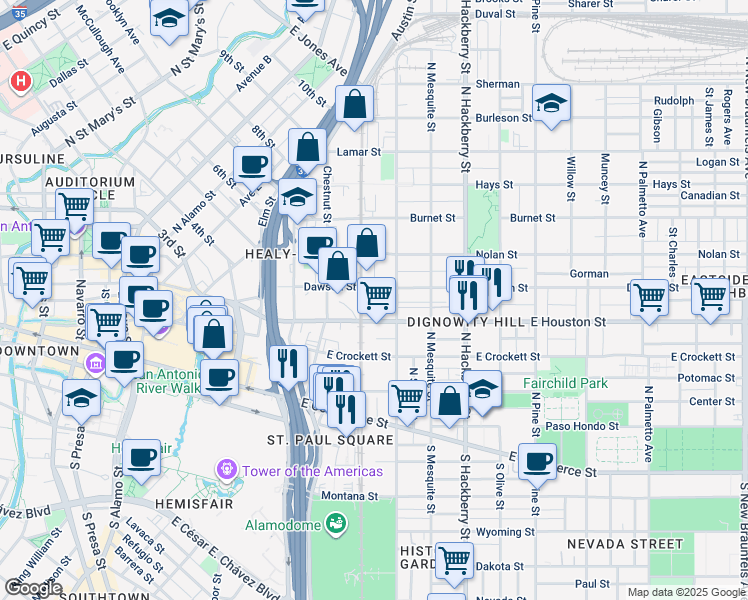 map of restaurants, bars, coffee shops, grocery stores, and more near 433 North Cherry Street in San Antonio