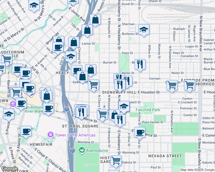 map of restaurants, bars, coffee shops, grocery stores, and more near 1431 East Houston Street in San Antonio