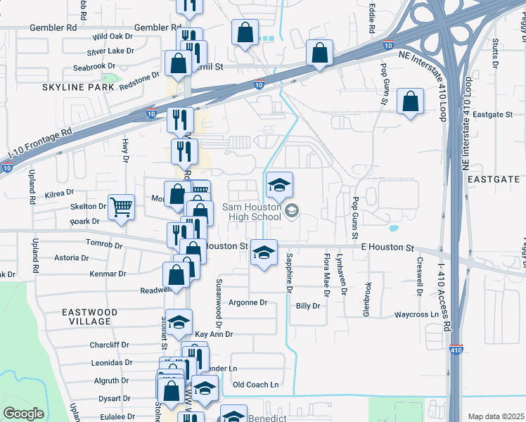 map of restaurants, bars, coffee shops, grocery stores, and more near 4220 East Houston Street in San Antonio