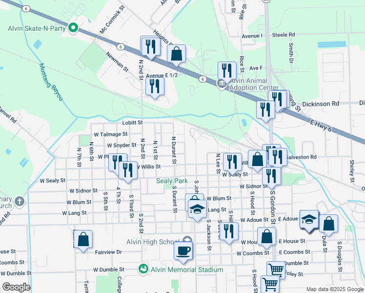 map of restaurants, bars, coffee shops, grocery stores, and more near 302 North Beauregard Street in Alvin