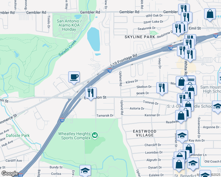 map of restaurants, bars, coffee shops, grocery stores, and more near 4139 East Houston Street in San Antonio