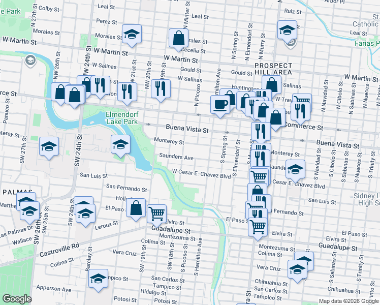 map of restaurants, bars, coffee shops, grocery stores, and more near 3110 Saunders Avenue in San Antonio
