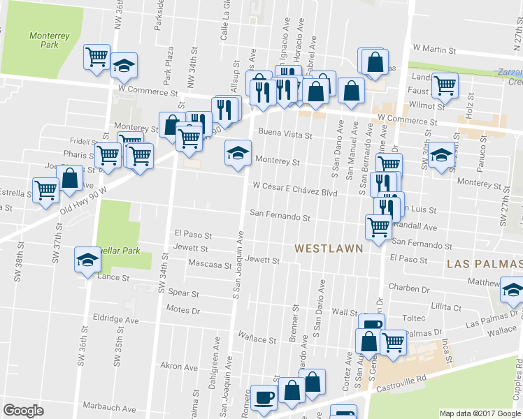 map of restaurants, bars, coffee shops, grocery stores, and more near 503 South San Horacio Avenue in San Antonio
