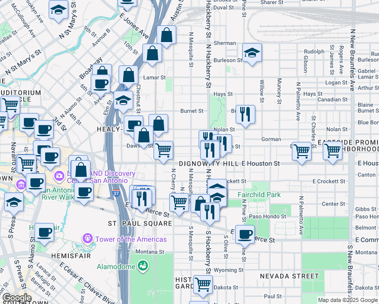 map of restaurants, bars, coffee shops, grocery stores, and more near 1431 East Houston Street in San Antonio
