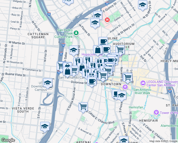 map of restaurants, bars, coffee shops, grocery stores, and more near 156 Dolorosa Street in San Antonio