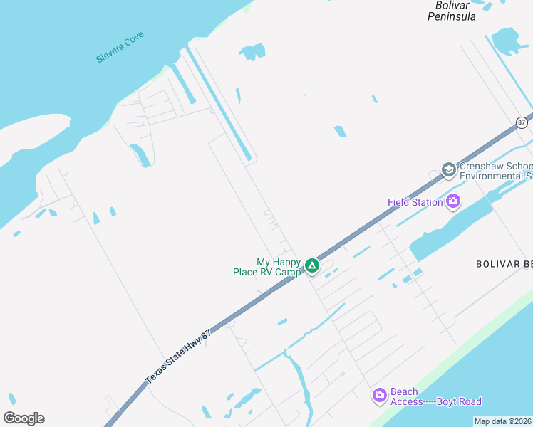 map of restaurants, bars, coffee shops, grocery stores, and more near 1043 Boyt Road in Bolivar Peninsula