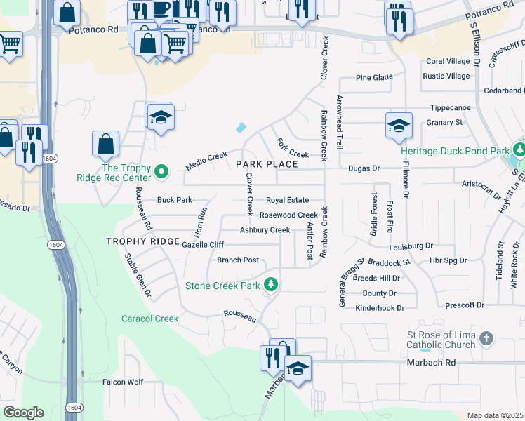 map of restaurants, bars, coffee shops, grocery stores, and more near 10454 Rosewood Creek in San Antonio