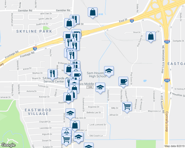 map of restaurants, bars, coffee shops, grocery stores, and more near 4220 East Houston Street in San Antonio