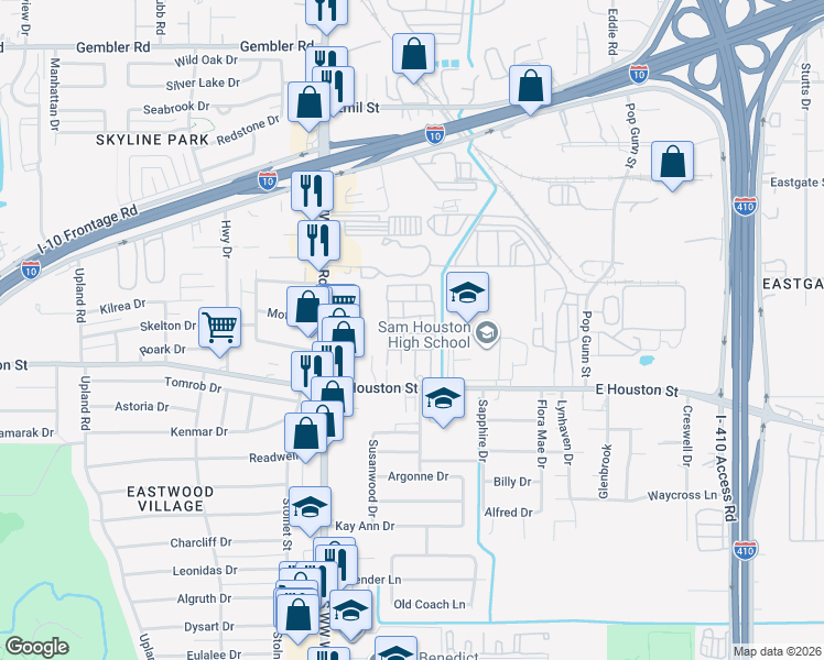 map of restaurants, bars, coffee shops, grocery stores, and more near 4220 East Houston Street in San Antonio