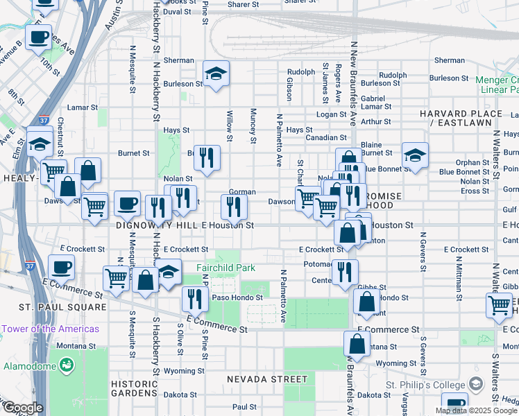 map of restaurants, bars, coffee shops, grocery stores, and more near 1901 East Houston Street in San Antonio