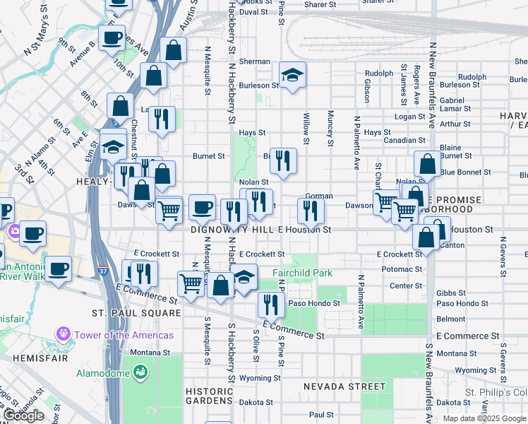 map of restaurants, bars, coffee shops, grocery stores, and more near 509 North Olive Street in San Antonio
