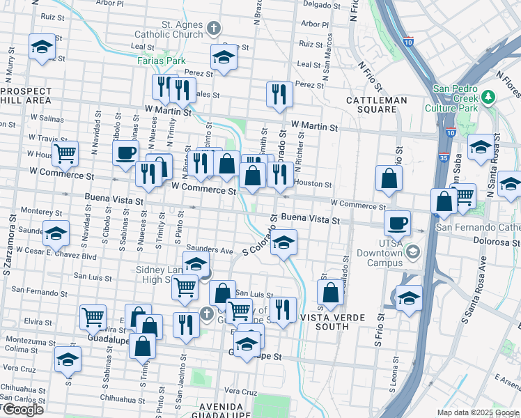 map of restaurants, bars, coffee shops, grocery stores, and more near 201 South Smith Street in San Antonio