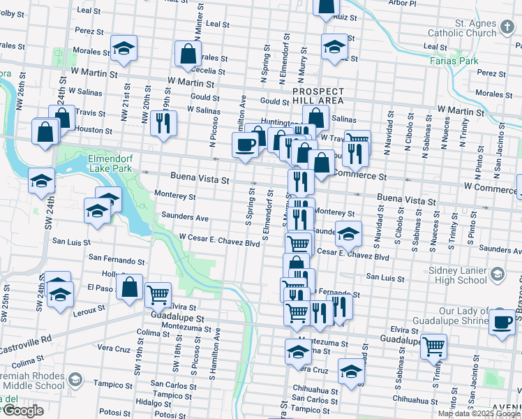 map of restaurants, bars, coffee shops, grocery stores, and more near 2819 Saunders Avenue in San Antonio