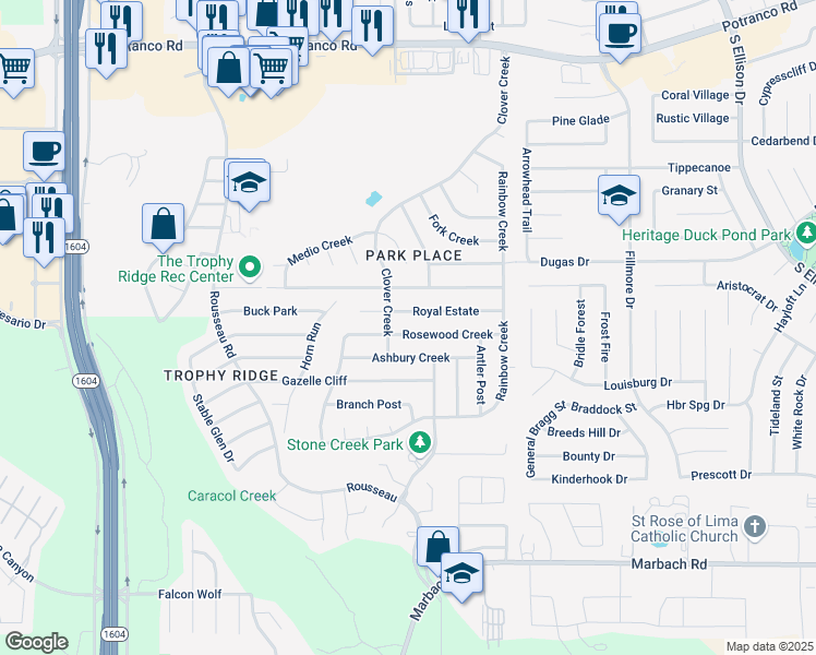 map of restaurants, bars, coffee shops, grocery stores, and more near 10454 Rosewood Creek in San Antonio