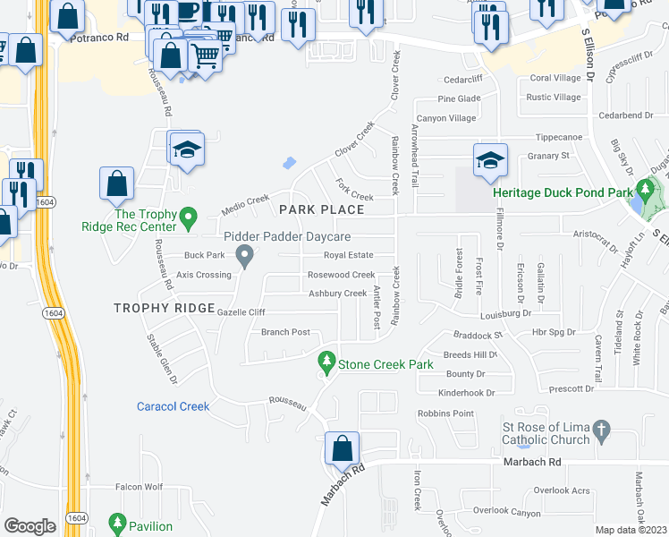 map of restaurants, bars, coffee shops, grocery stores, and more near 10419 Rosewood Creek in San Antonio