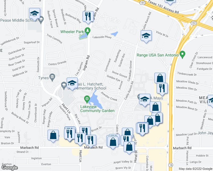 map of restaurants, bars, coffee shops, grocery stores, and more near 8823 Canvas Back in San Antonio