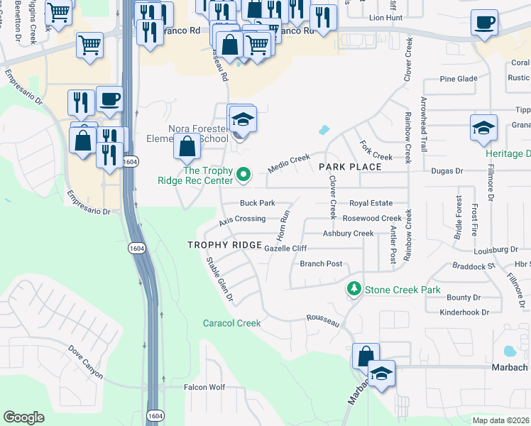 map of restaurants, bars, coffee shops, grocery stores, and more near 10702 Axis Crossing in San Antonio