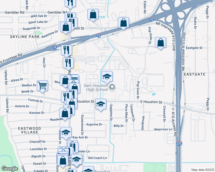 map of restaurants, bars, coffee shops, grocery stores, and more near 4635 East Houston Street in San Antonio