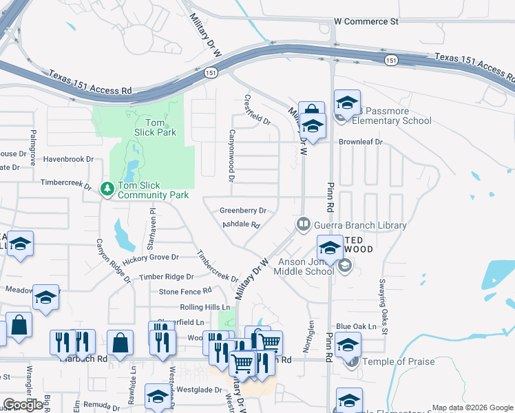 map of restaurants, bars, coffee shops, grocery stores, and more near 7014 Greenberry Drive in San Antonio