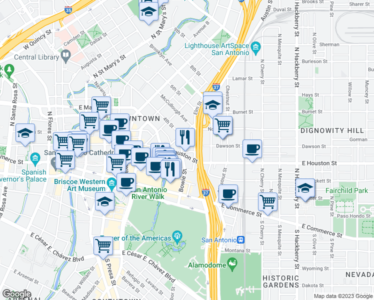 map of restaurants, bars, coffee shops, grocery stores, and more near 400 Bowie Street in San Antonio