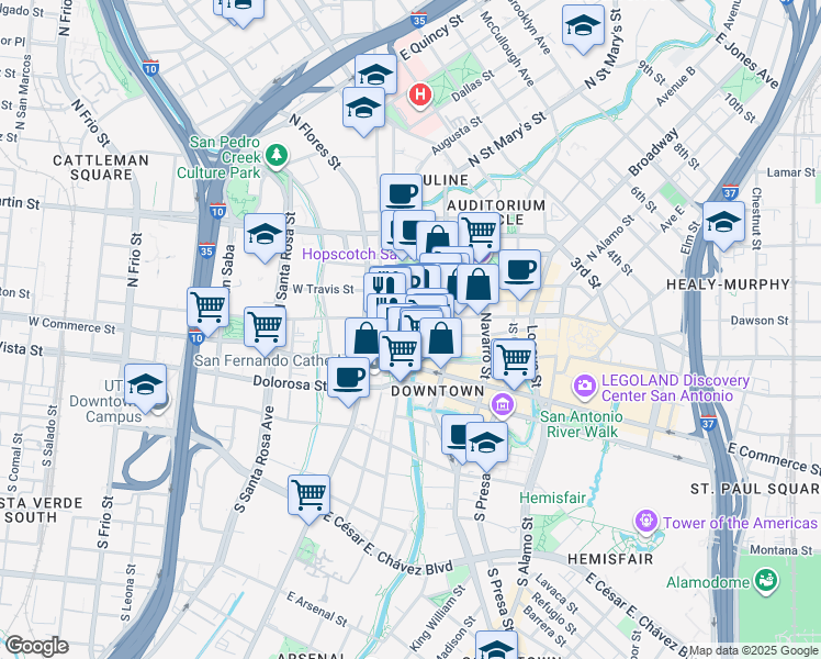 map of restaurants, bars, coffee shops, grocery stores, and more near 110 East Houston Street in San Antonio