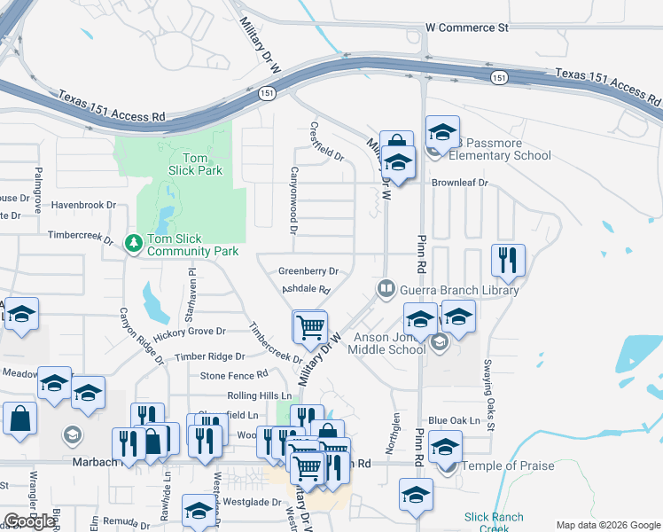 map of restaurants, bars, coffee shops, grocery stores, and more near 7014 Greenberry Drive in San Antonio