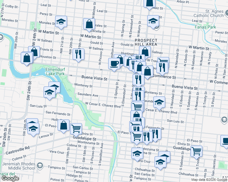 map of restaurants, bars, coffee shops, grocery stores, and more near 2819 Saunders Avenue in San Antonio