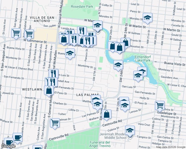 map of restaurants, bars, coffee shops, grocery stores, and more near 4018 San Luis Street in San Antonio