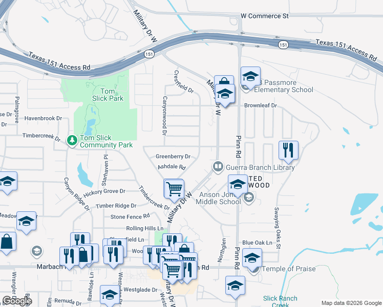map of restaurants, bars, coffee shops, grocery stores, and more near 7014 Greenberry Drive in San Antonio