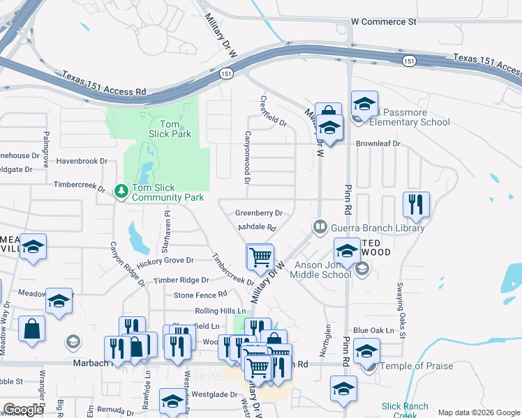 map of restaurants, bars, coffee shops, grocery stores, and more near 7046 Greenberry Drive in San Antonio