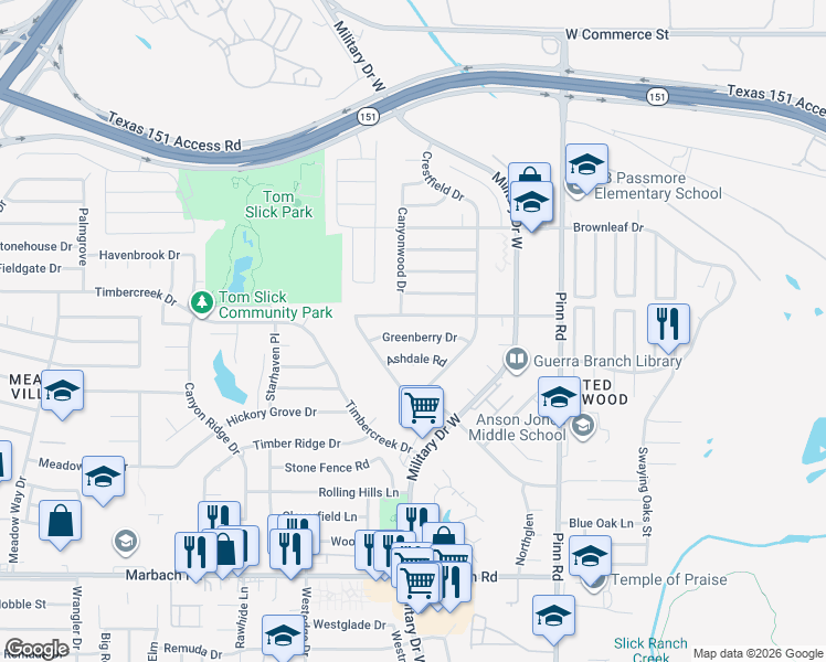 map of restaurants, bars, coffee shops, grocery stores, and more near 7046 Greenberry Drive in San Antonio