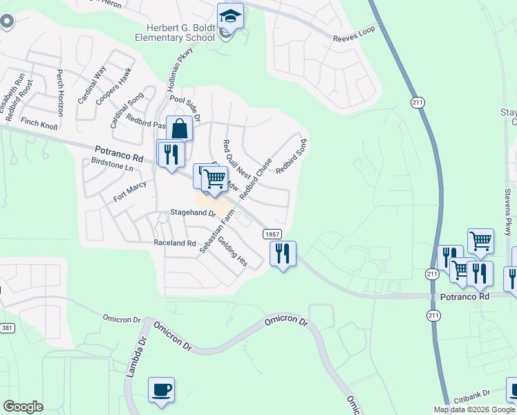 map of restaurants, bars, coffee shops, grocery stores, and more near 14930 Laudie Fox in San Antonio