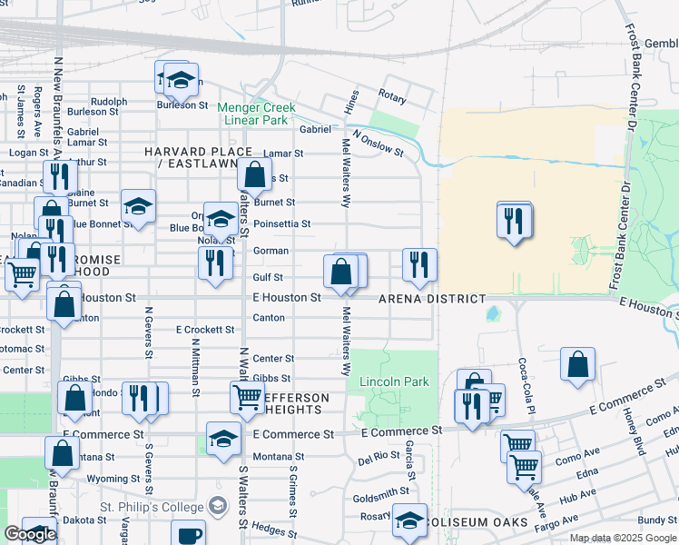 map of restaurants, bars, coffee shops, grocery stores, and more near 2747 East Houston Street in San Antonio