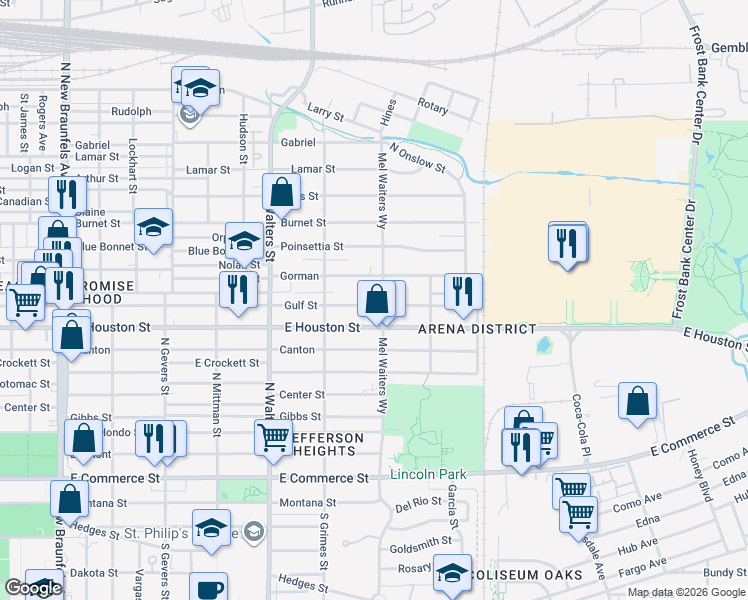 map of restaurants, bars, coffee shops, grocery stores, and more near 2747 East Houston Street in San Antonio