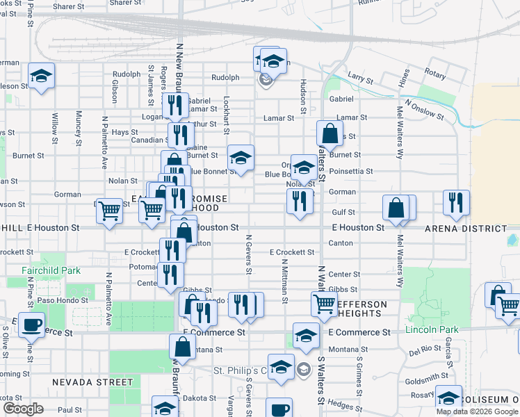 map of restaurants, bars, coffee shops, grocery stores, and more near 2431 East Houston Street in San Antonio