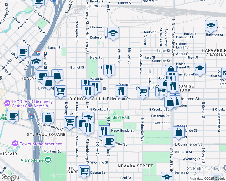 map of restaurants, bars, coffee shops, grocery stores, and more near 1833 East Houston Street in San Antonio