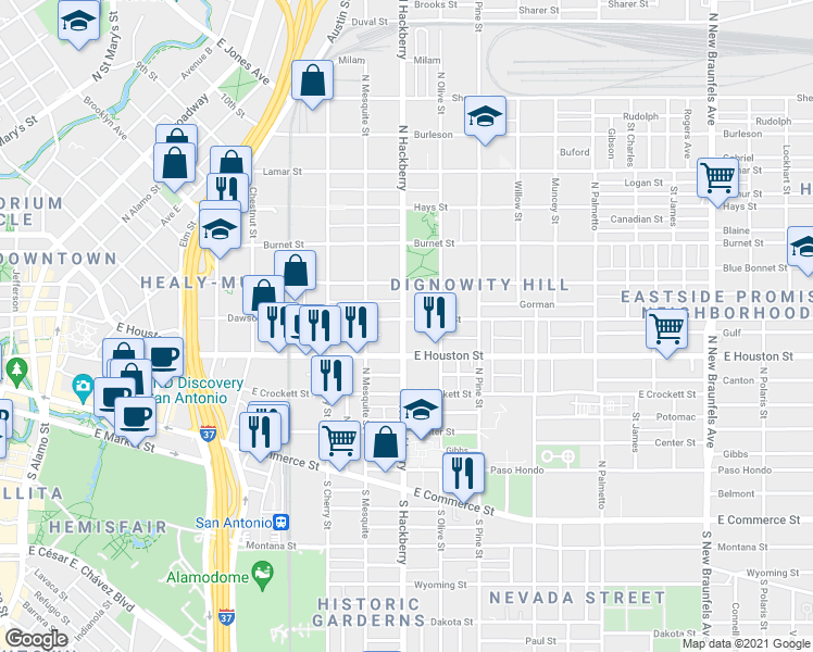 map of restaurants, bars, coffee shops, grocery stores, and more near 1533 East Houston Street in San Antonio