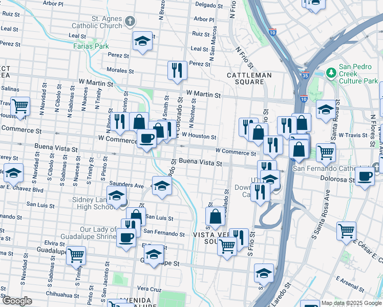 map of restaurants, bars, coffee shops, grocery stores, and more near 1019 Buena Vista Street in San Antonio