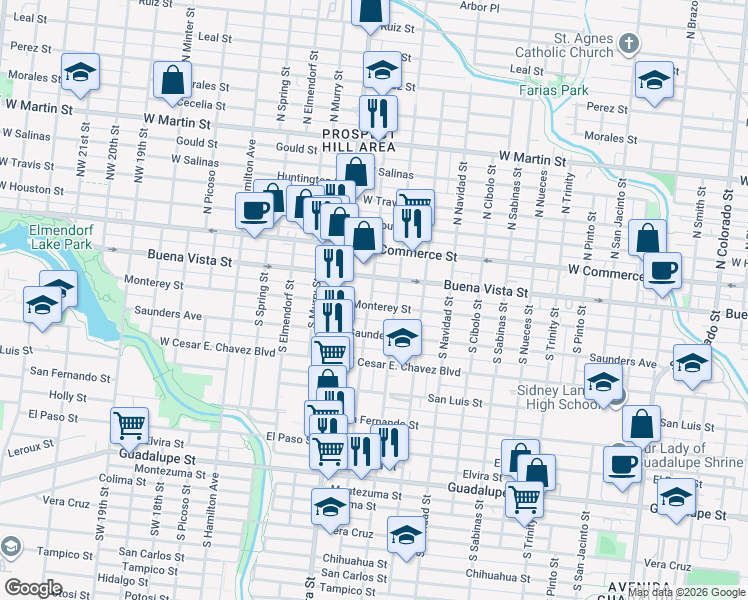map of restaurants, bars, coffee shops, grocery stores, and more near 2422 Monterey Street in San Antonio