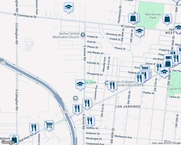 map of restaurants, bars, coffee shops, grocery stores, and more near 515 Southwest 42nd Street in San Antonio
