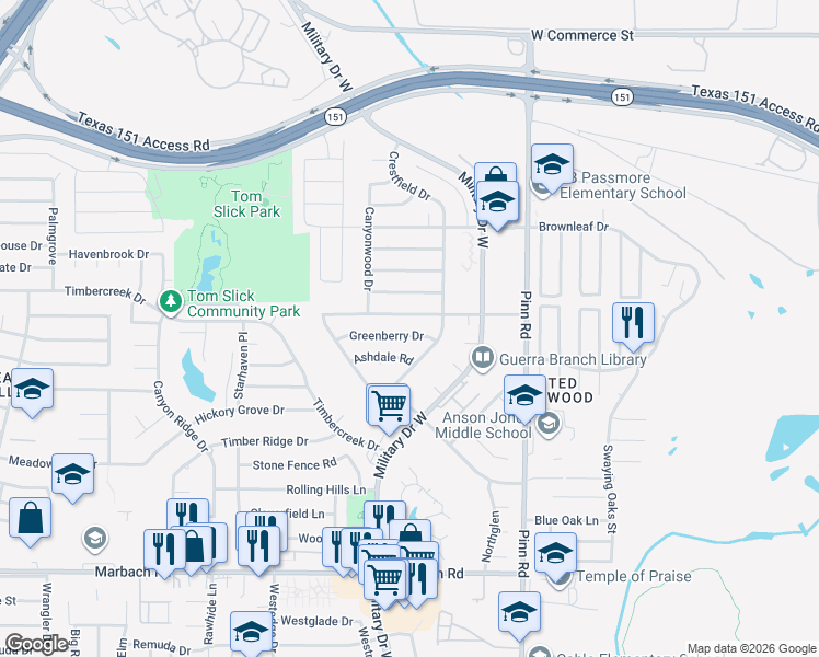 map of restaurants, bars, coffee shops, grocery stores, and more near 7014 Greenberry Drive in San Antonio