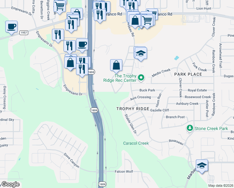 map of restaurants, bars, coffee shops, grocery stores, and more near 530 Cattle Ranch Drive in San Antonio