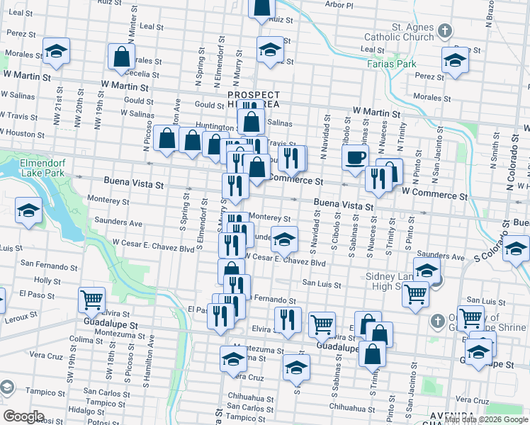 map of restaurants, bars, coffee shops, grocery stores, and more near 2422 Monterey Street in San Antonio