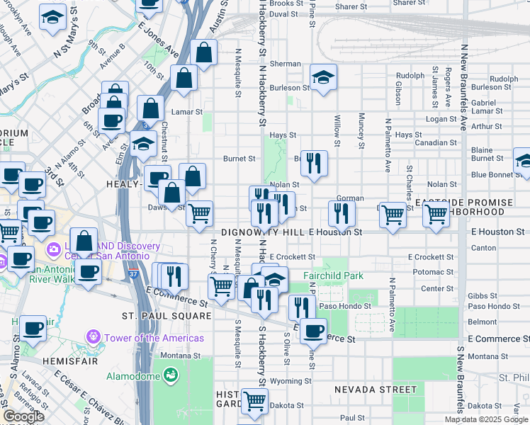map of restaurants, bars, coffee shops, grocery stores, and more near 1533 East Houston Street in San Antonio