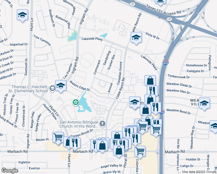 map of restaurants, bars, coffee shops, grocery stores, and more near 1015 Avocet in San Antonio