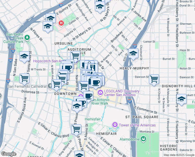 map of restaurants, bars, coffee shops, grocery stores, and more near 300 Alamo Plaza in San Antonio